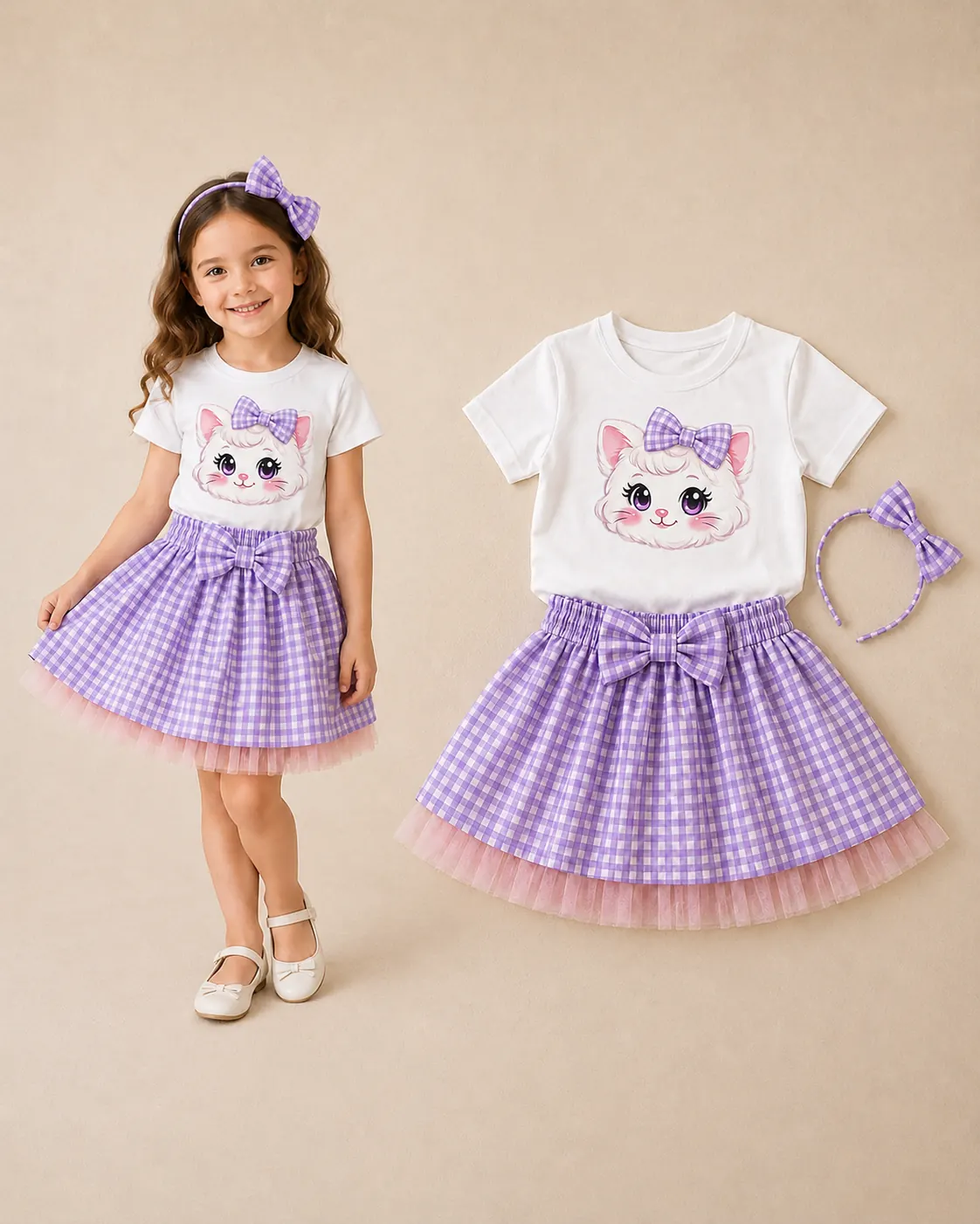 Conjunto infantil con falda vichy morada y camiseta gatita